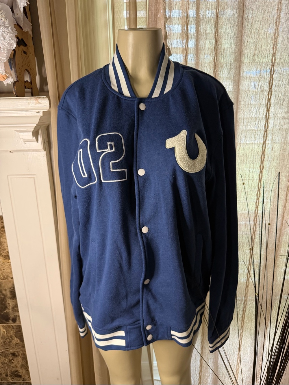 True Religion Navy and White Varsity Bomber Jacket